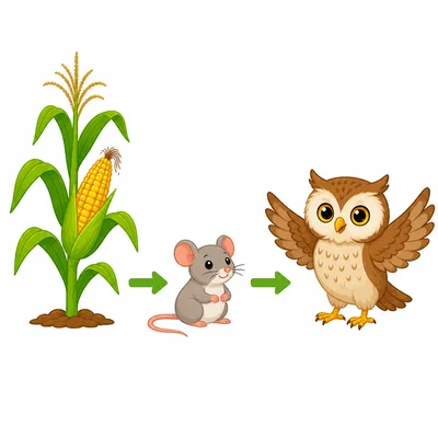 Corn, a mouse, and an owl shown as a food chain.