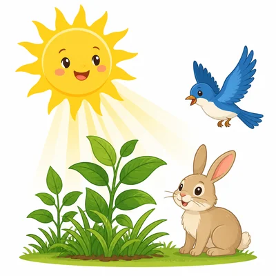 The sun shining on plants with animals nearby.