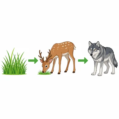 Grass, a deer, and a wolf connected in order by arrows.