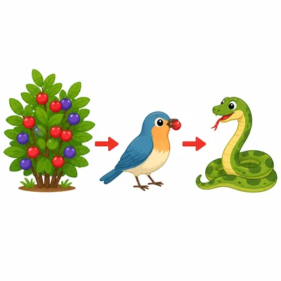 Berries, a bird, and a snake shown in a food chain.