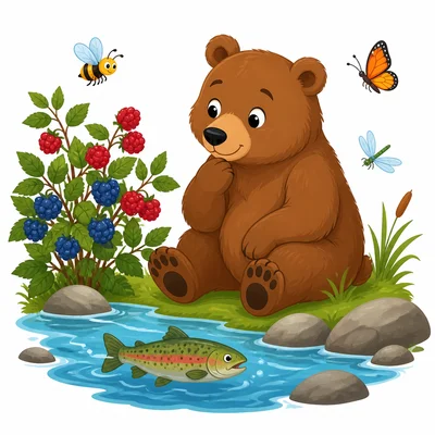 A bear near berries, fish, and insects.