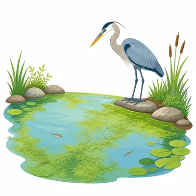 A heron by a pond with algae and only a few small fish.