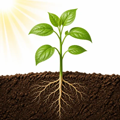 A green plant growing in soil with sunlight shining on it.
