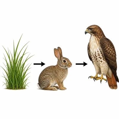 Grass points to a rabbit, and the rabbit points to a hawk in a simple food chain.
