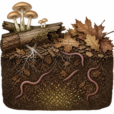 Mushrooms and earthworms break down dead leaves and a log into soil nutrients.