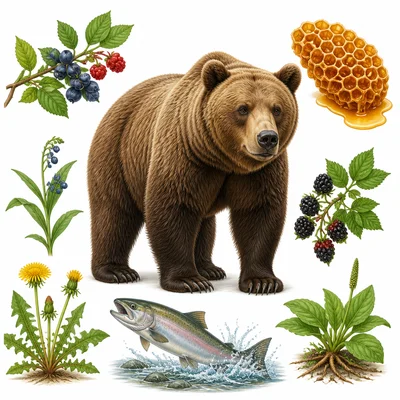 A bear is shown with berries, fish, honeycomb, and plants around it.