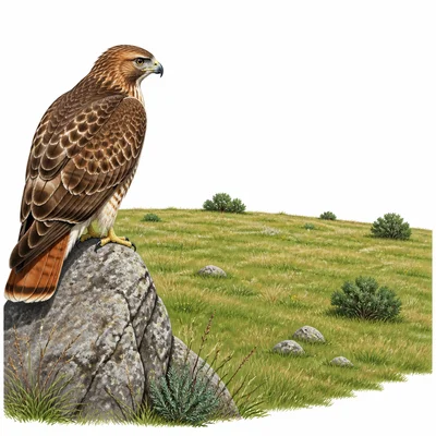 A hawk looks over a grassy area with very few signs of rabbits.