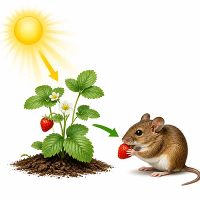 Sunlight goes to a plant, and the plant provides food for a small animal.