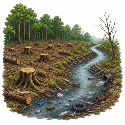 A forest with cut trees and a polluted stream shows human harm to an ecosystem.