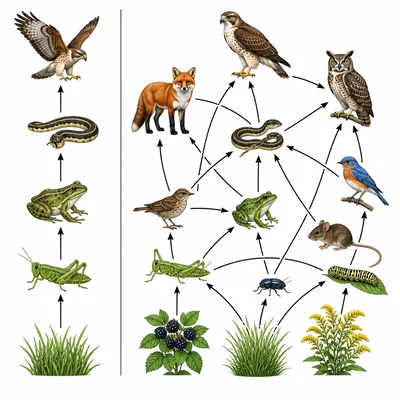 A single food chain is shown beside a more complex food web with many connected organisms.