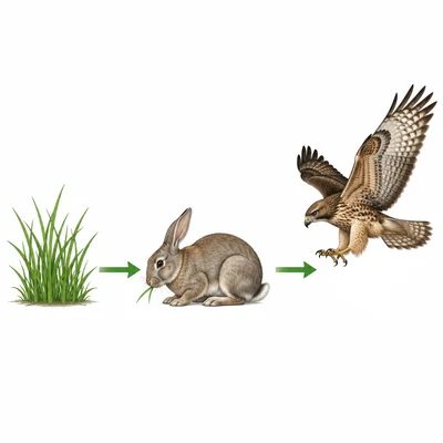Grassland food chain showing grass, rabbit, and hawk connected by arrows.