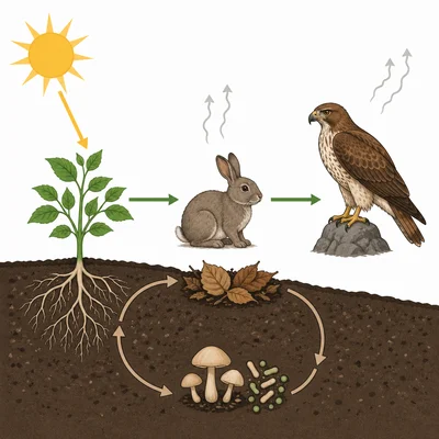 Diagram showing energy flowing one way while matter cycles through soil and organisms.