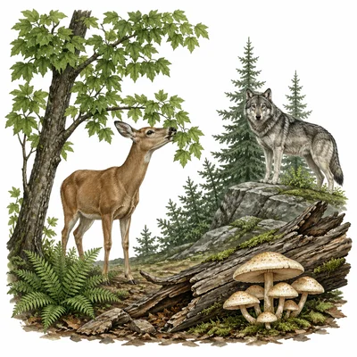 Forest scene with a plant, herbivore, carnivore, and decomposer.