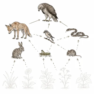 Food web with producers removed, causing animals to lose food connections.