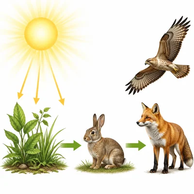 Sunlight flows to plants and then to animals in a simple food web.