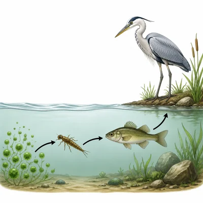 Pond food chain showing algae, insect larva, fish, and heron with arrows.