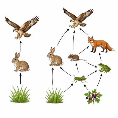 Comparison of a simple food chain and a more connected food web.