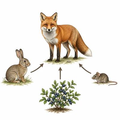 Fox connected by arrows to rabbits, mice, and berries as food sources.