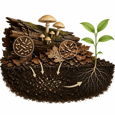 Fungi and bacteria break down dead leaves and a log, enriching soil for a plant.