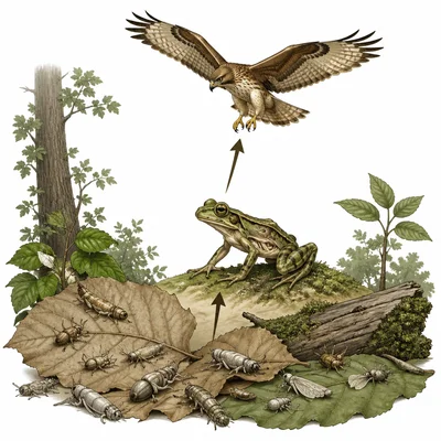 Forest food chain showing reduced insects affecting frogs and hawks.