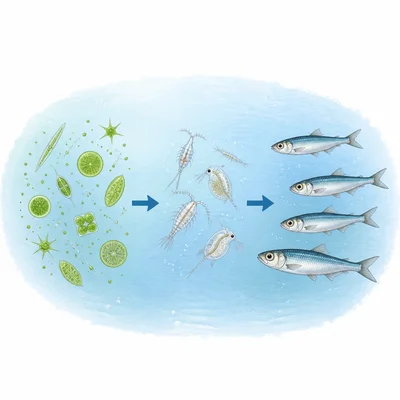 Ocean food chain showing phytoplankton, zooplankton, and small fish with arrows.