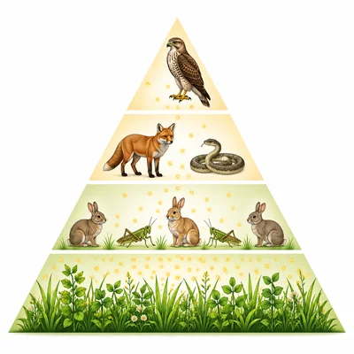 Energy pyramid with many plants at the bottom and fewer animals toward the top.