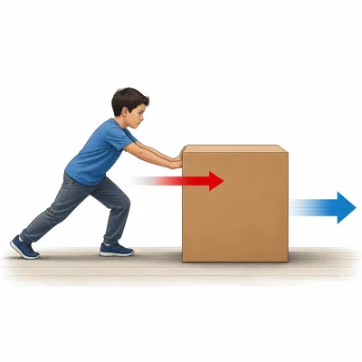 A box is pushed across a floor, showing force and acceleration.