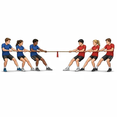 Two tug-of-war teams pull equally, so the rope stays still.