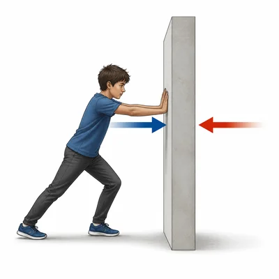 A person pushes a wall, and the wall pushes back equally.