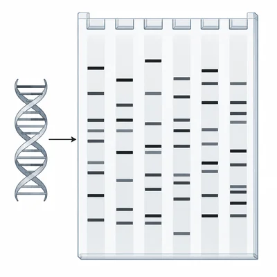 A DNA double helix shown beside a gel with several lanes of different DNA band patterns.