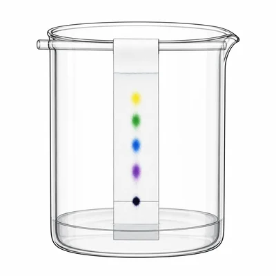 A chromatography strip with the ink spot placed above the solvent level and colors separated upward.