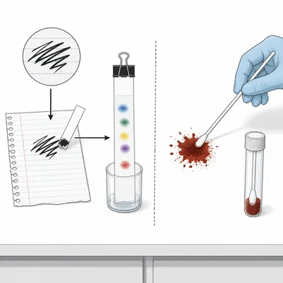A black-ink note analyzed by chromatography and a blood stain sampled with a forensic swab.