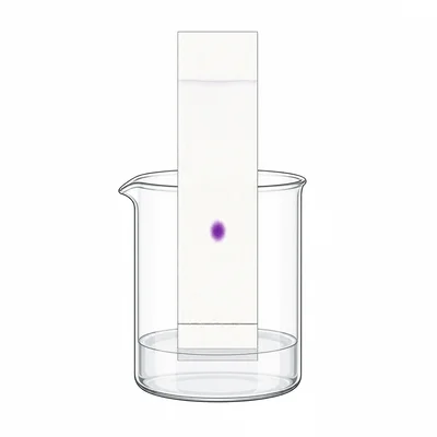 A chromatography strip with a dye spot partway up and a solvent front near the top.