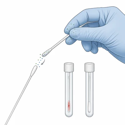 A gloved hand transferring contamination particles from one forensic swab to another.