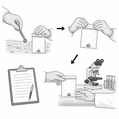 An evidence bag being passed through documented stages from collection to laboratory analysis.
