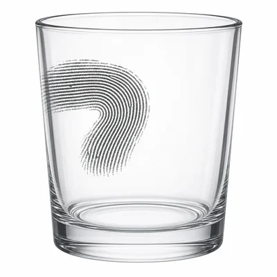A fingerprint on a glass showing ridges that curve around and leave from the same side.