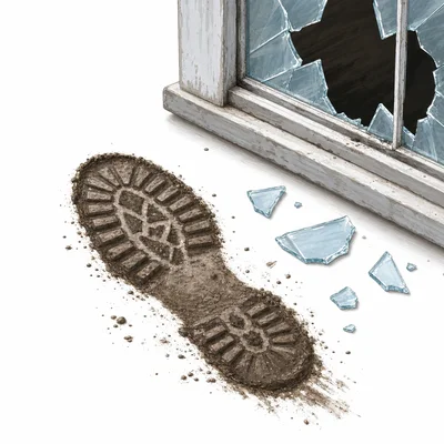 A muddy shoeprint with visible tread near a broken window and glass fragments.