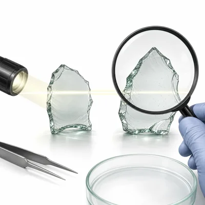 Two broken glass fragments being compared with a magnifying glass and light beam.