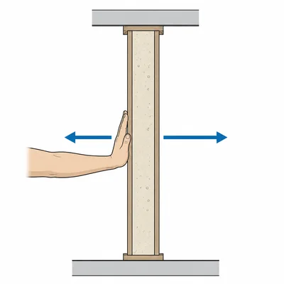 A hand pushes a supported wall, with equal opposite horizontal force arrows on the wall.