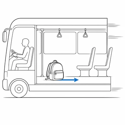 A backpack on an accelerating bus floor with a forward static friction arrow.