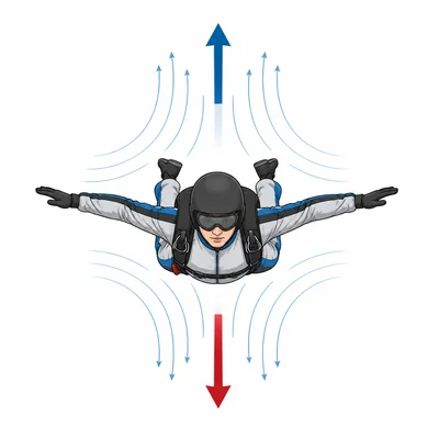 A skydiver at terminal velocity with equal upward air resistance and downward weight arrows.