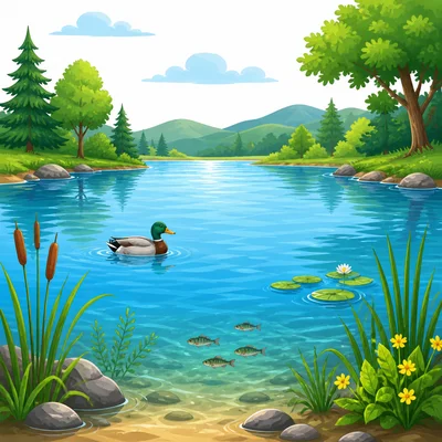 A calm lake with trees, reeds, and clear blue water.