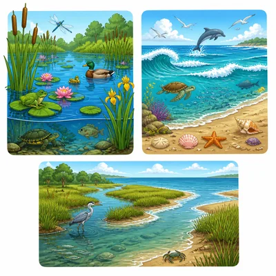 Picture cards of a pond, an ocean, and an estuary.