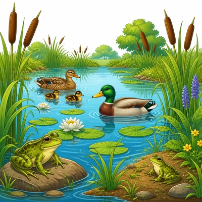 A wetland with cattails, lily pads, ducks, and frogs.
