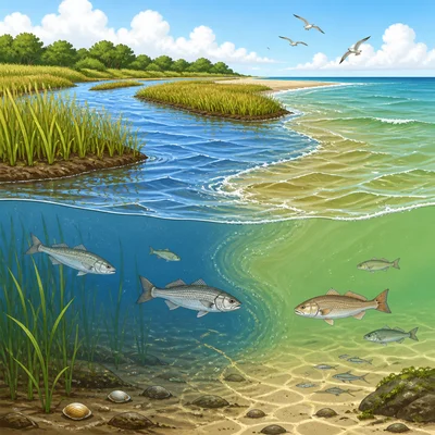 Fish swimming in an estuary where waters mix.