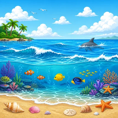 An ocean scene with waves, shells, and sea animals.