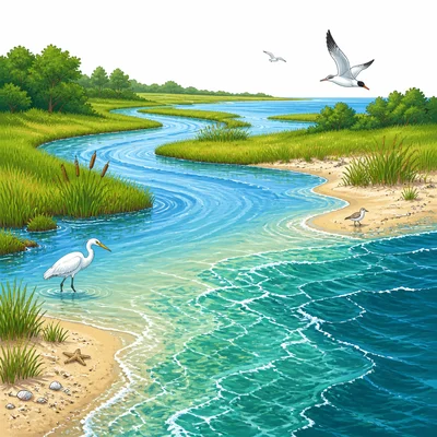 A river flowing into the ocean at an estuary.