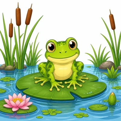 A frog on a lily pad in a pond.