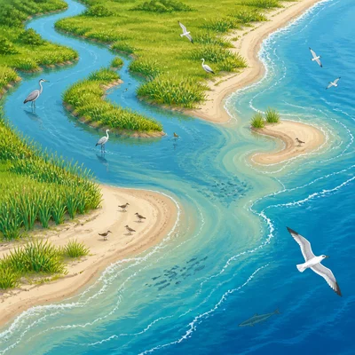 A river mouth where river water mixes with ocean water.