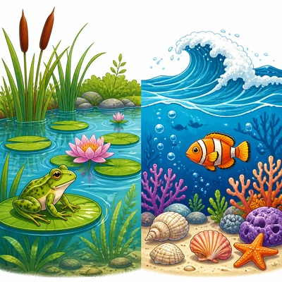 A pond habitat and an ocean habitat side by side.